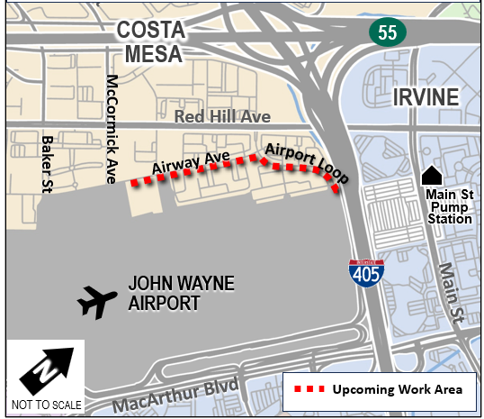 Graphic showing upcoming work area limits on Airway and Airport Loop. 