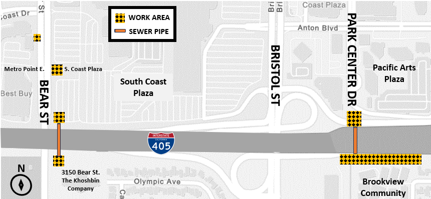Graphic showing work area for Park Center Plaza, Brookview, South Coast, and Khoshbin