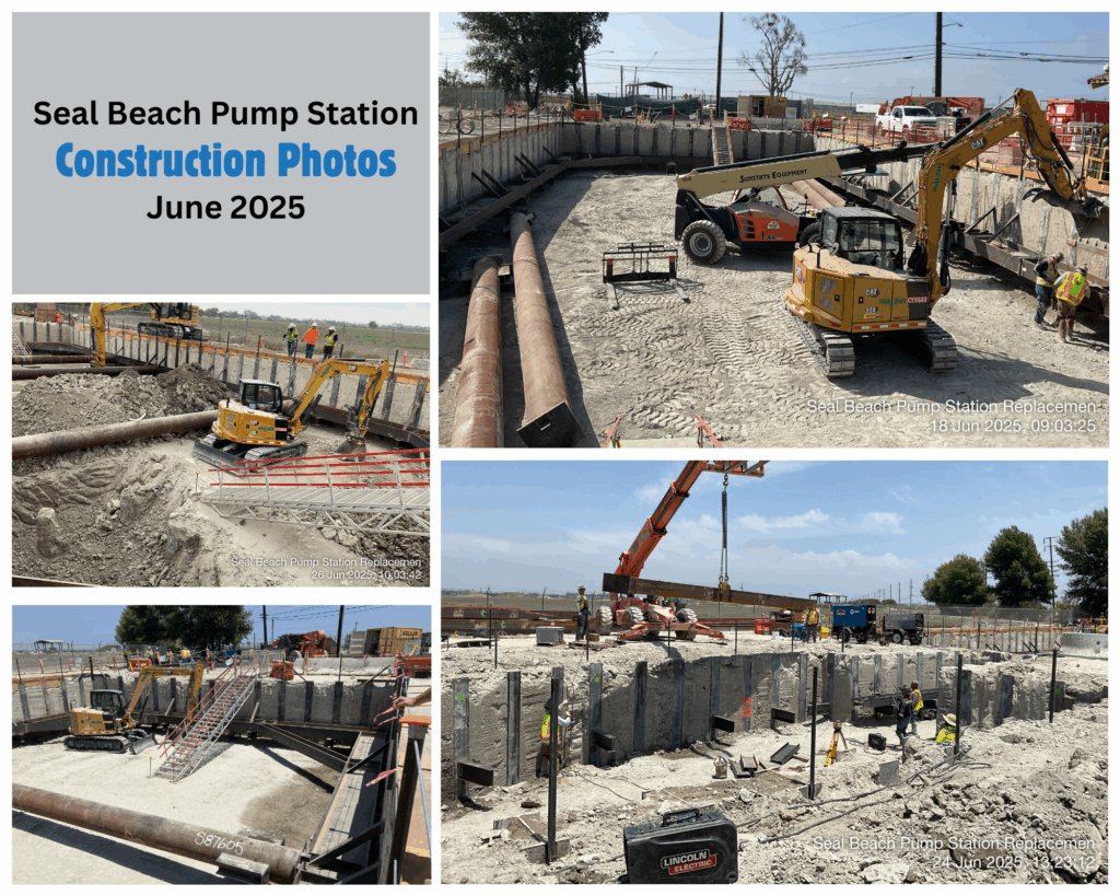 collage of construction progress photos for June 2025 on the Seal Beach Pump Station project. 